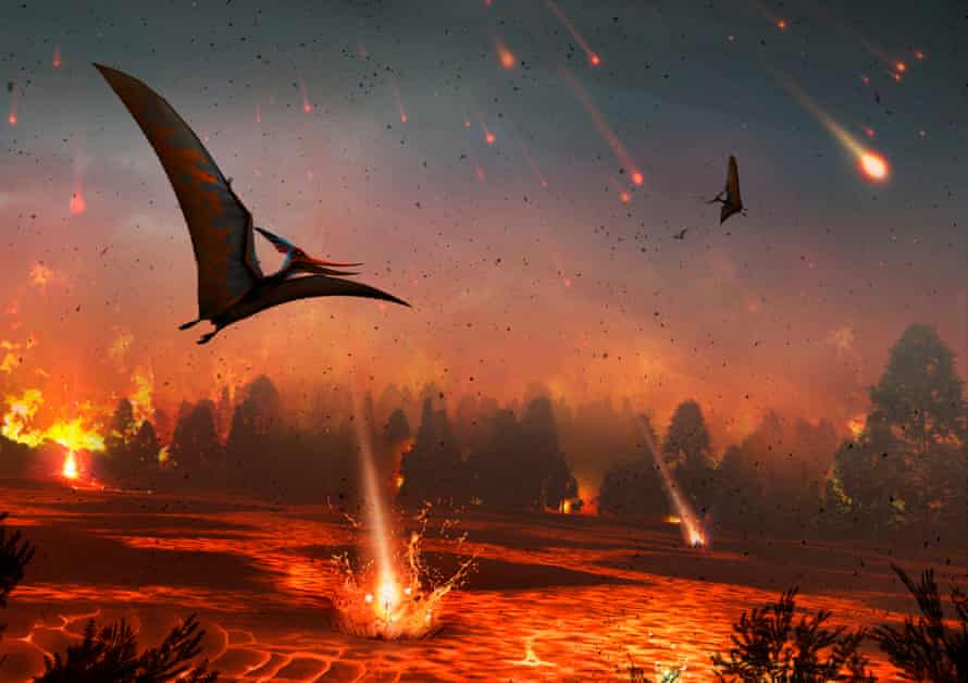 65 juta tahun yang lalu, dampak asteroid di Bumi memusnahkan dinosaurus, pterosaurus, dan banyak spesies lainnya.