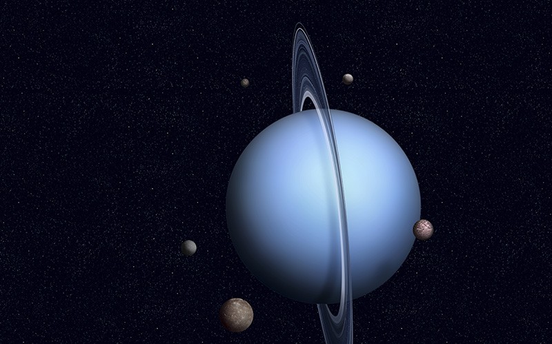 Uranus seperti yang ditunjukkan dalam ilustrasi dengan beberapa dari 27 bulannya.