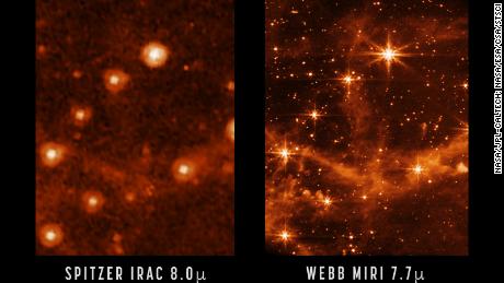 Bandingkan ketajaman dan tingkat detail yang ditangkap oleh Teleskop Luar Angkasa Spitzer (kiri) dan Teleskop Luar Angkasa James Webb (kanan).
