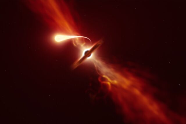 Kesan artis tentang bintang berangsur-angsur terganggu oleh tarikan gravitasi yang kuat dari lubang hitam supermasif.