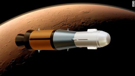 Ilustrasi ini menunjukkan Mars Ascent Rover NASA di orbit sekitar Mars dengan sampel di dalamnya.