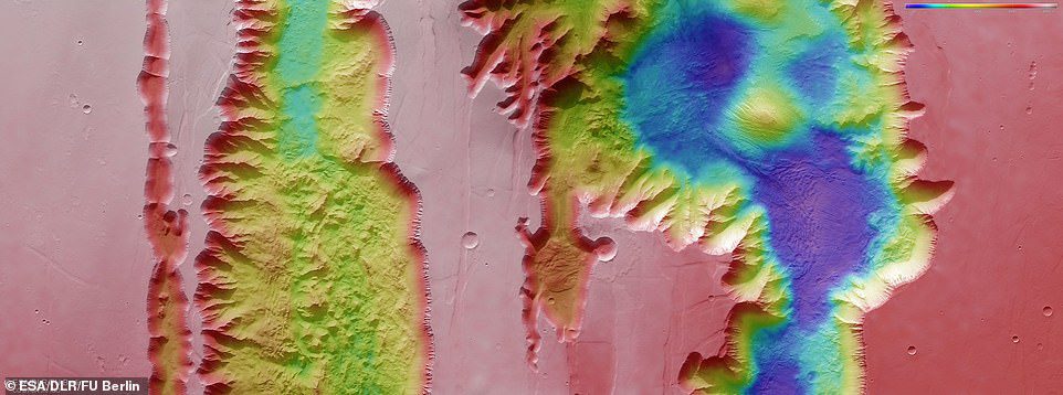 Gambar di atas: gambar topografi berkode warna yang menunjukkan Ius dan Tithonium Chasmata, yang merupakan bagian dari struktur Ngarai Valles Marineris di Mars, yang dibuat dari data yang dikumpulkan oleh ESA's Mars Express