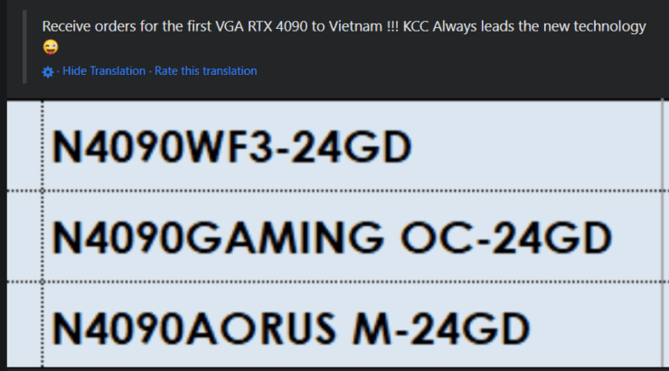 Model kustom GeForce RTX 4090 Gigabyte terdaftar oleh pengecer Vietnam.  (Kredit gambar: I_Leak_VN)