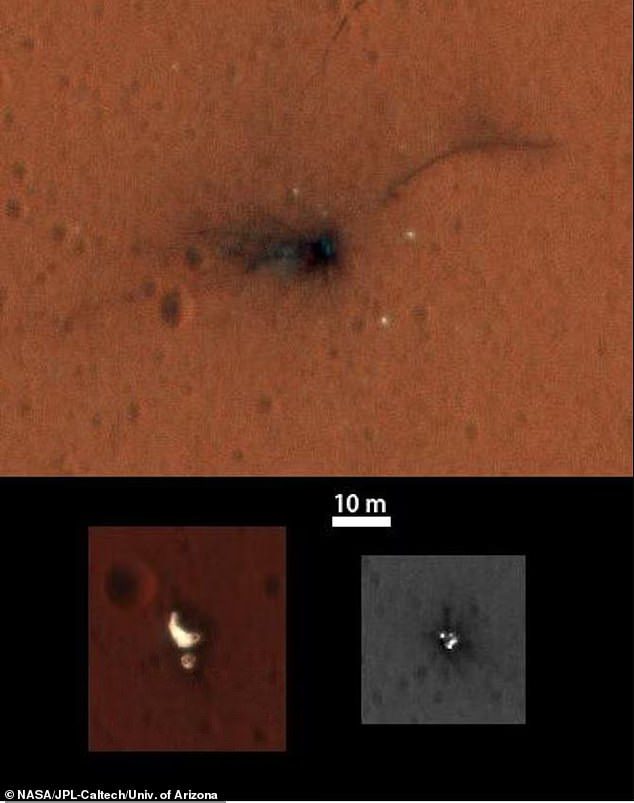 Ada total sembilan pesawat ruang angkasa tidak aktif duduk di permukaan Mars, termasuk probe Mars 3, probe Mars 6, pendarat Viking 1, probe Viking 2, penjelajah Sojourner, probe Schiaparelli Badan Antariksa Eropa (foto), penyelidikan Phoenix, Roh.  Peluang Rover dan Rover
