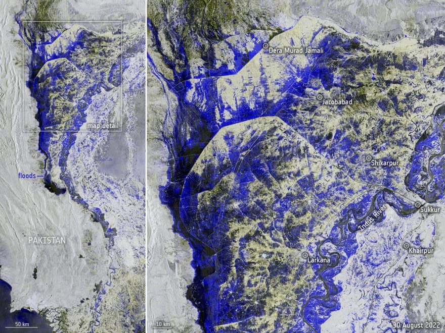Data yang diambil oleh satelit Copernicus Badan Antariksa Eropa pada 30 Agustus digunakan untuk memetakan tingkat banjir yang saat ini melanda Pakistan.