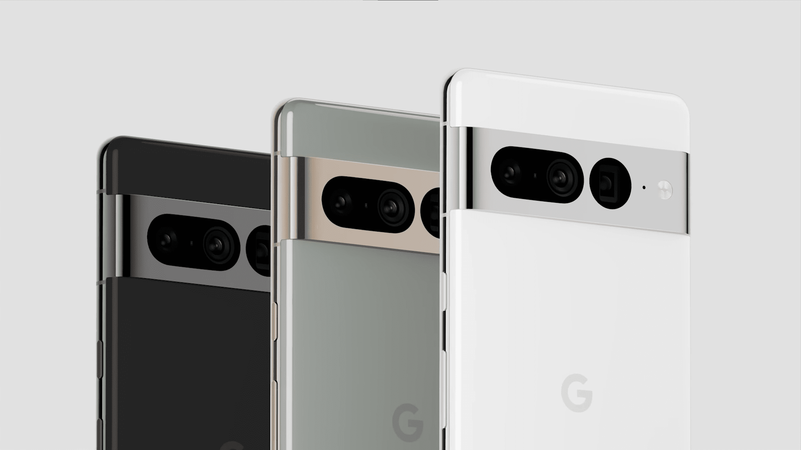 Render resmi Google Pixel 7 Pro, ditampilkan tiga kali dalam warna hitam, putih, dan hijau