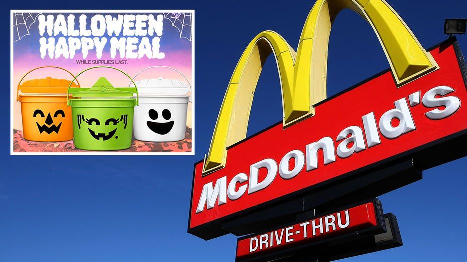 Gambar ilustrasi merek McDonald's dengan ember Happy Meal yang baru