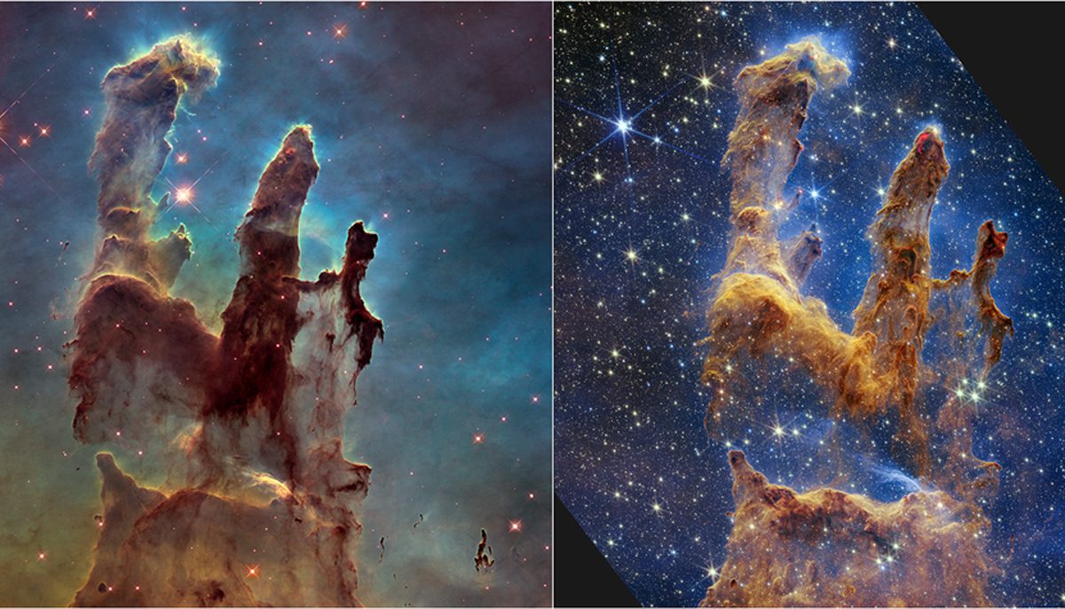 Pilar Ikonik Penciptaan.  Teleskop Luar Angkasa Hubble tampak di sebelah kiri, gambar Teleskop Luar Angkasa James Webb baru di sebelah kanan.