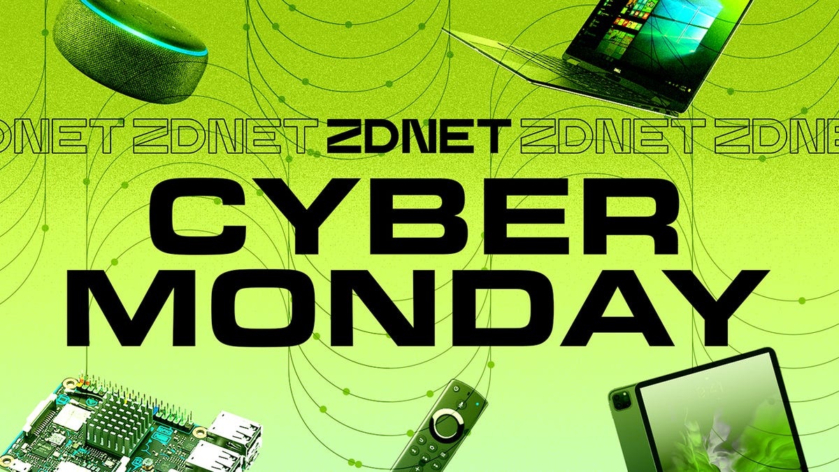 Teks Cyber ​​​​Monday putih besar dengan perangkat elektronik di belakangnya