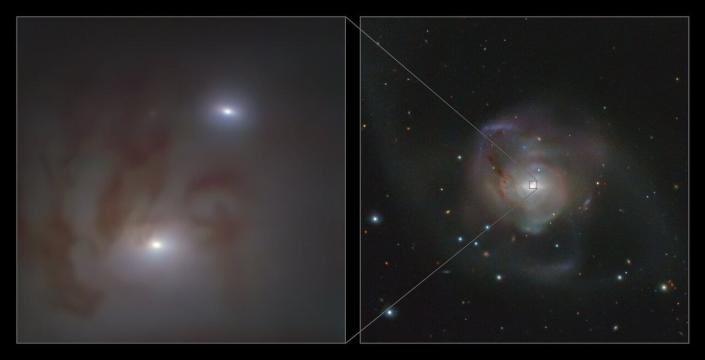Gambar ini menunjukkan pandangan dekat (kiri) dan lebar (kanan) dari inti dua galaksi terang, masing-masing berisi lubang hitam supermasif, di NGC 7727, sebuah galaksi yang terletak 89 juta tahun cahaya dari Bumi di konstelasi Aquarius.