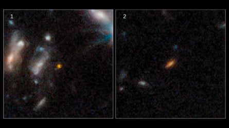 Gambar berdampingan dari galaksi-galaksi jauh, tampak sebagai elips buram kemerahan di tengah kegelapan ruang