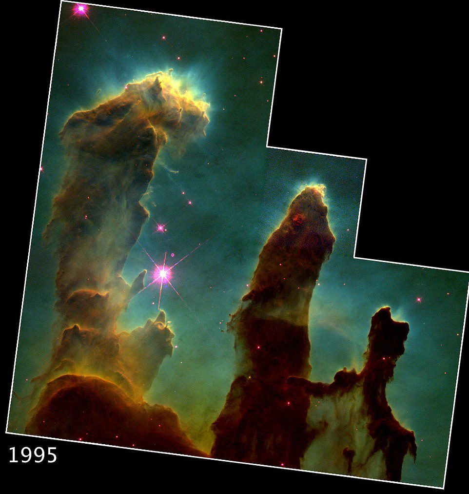 Hubble mengambil gambar pertama Pilar Penciptaan pada tahun 1995. Ini memberikan bukti pertama bahwa bintang bisa lahir di dalam pilar.