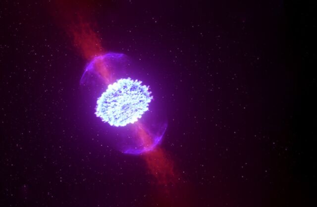 Ketika bintang-bintang neutron bergabung, mereka dapat menghasilkan ejeksi radioaktif yang menggerakkan sinyal kilonova.  Ledakan sinar gamma yang diamati baru-baru ini ternyata menunjukkan peristiwa hibrid yang sebelumnya tidak terdeteksi yang melibatkan sebuah kilonova.